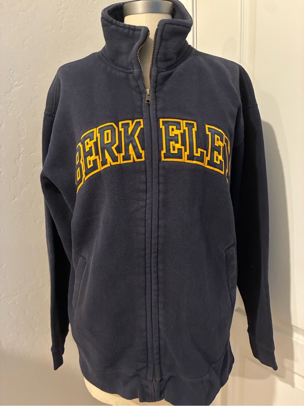 VTG 90s UC Berkeley Navy Full-Zip Fleece Hoodie MV Sport Pro Weave Heavy Wt. L